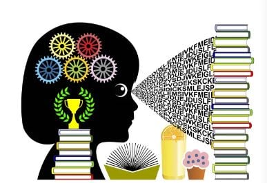 image of a child with gears, books and letters