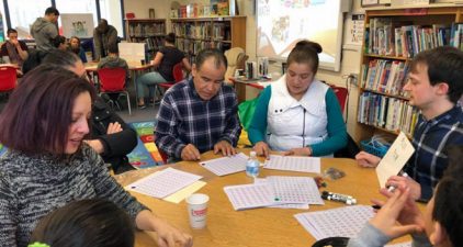 Ms. Guerrero working with Parents in the school library